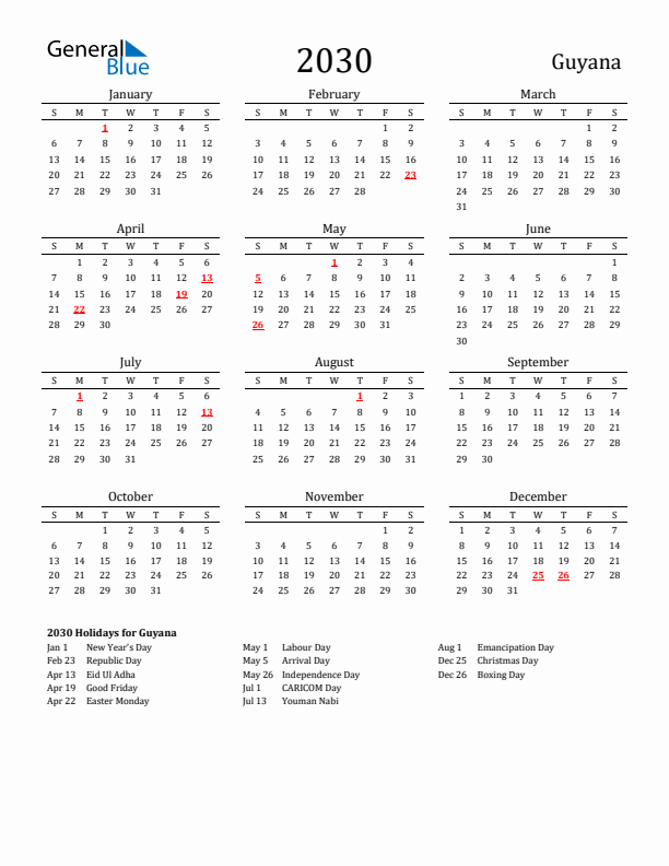 Guyana Holidays Calendar for 2030