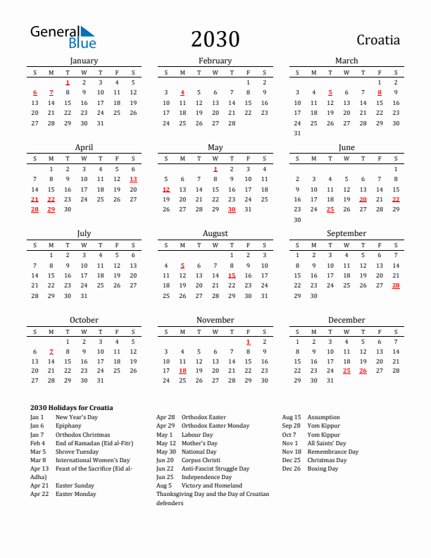 Croatia Holidays Calendar for 2030