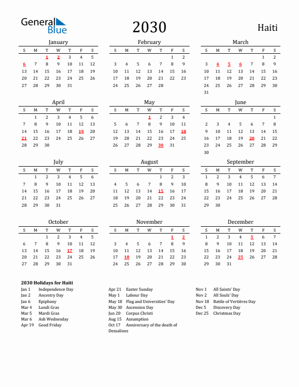 Haiti Holidays Calendar for 2030