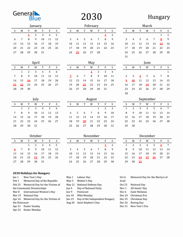Hungary Holidays Calendar for 2030