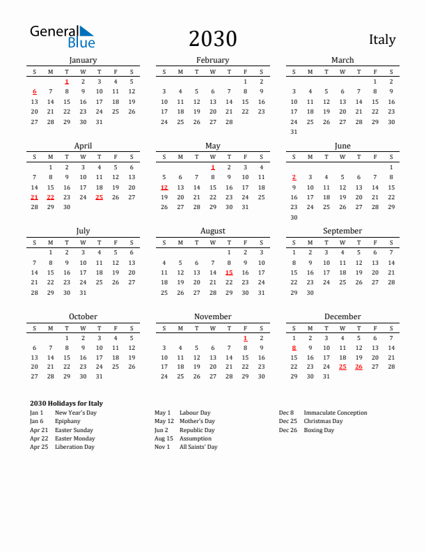 Italy Holidays Calendar for 2030