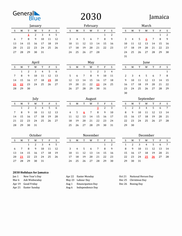 Jamaica Holidays Calendar for 2030
