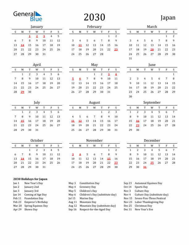 Japan Holidays Calendar for 2030