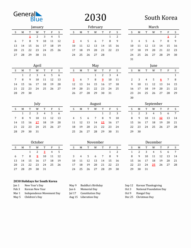South Korea Holidays Calendar for 2030