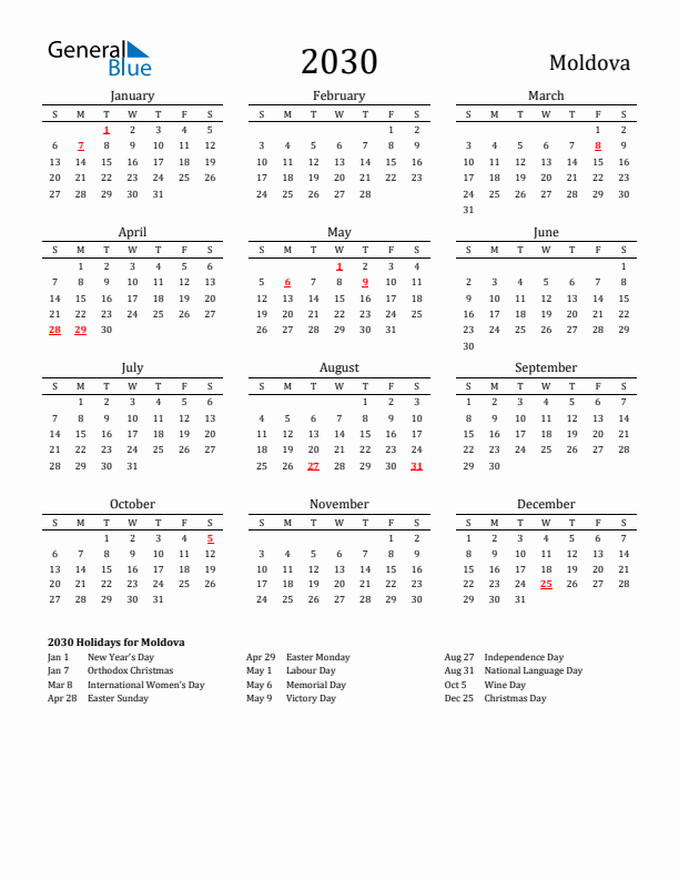 Moldova Holidays Calendar for 2030