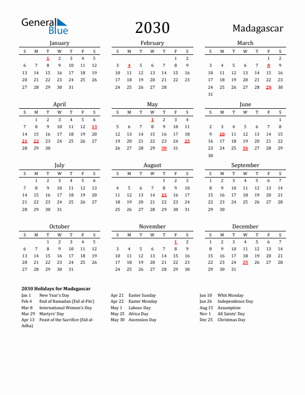 Madagascar Holidays Calendar for 2030