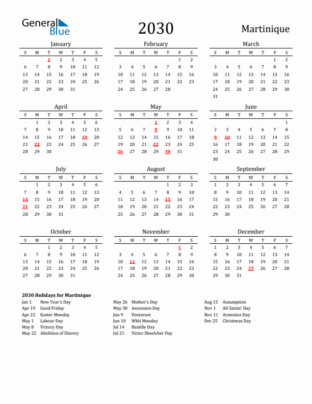 Martinique Holidays Calendar for 2030
