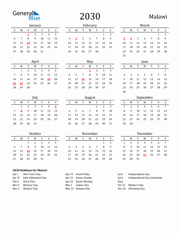 Malawi Holidays Calendar for 2030