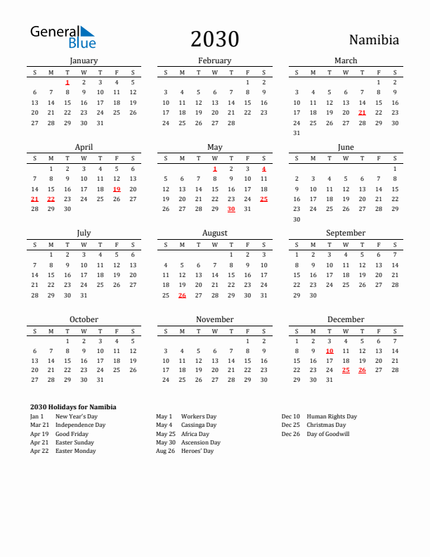Namibia Holidays Calendar for 2030