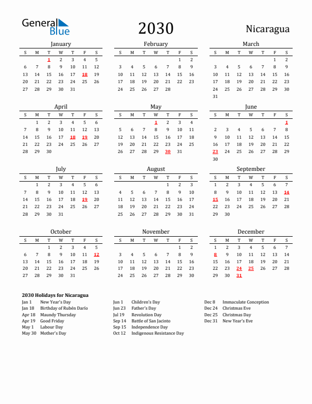 Nicaragua Holidays Calendar for 2030