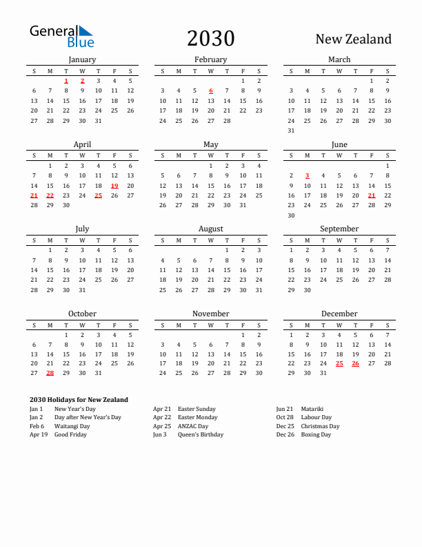 New Zealand Holidays Calendar for 2030
