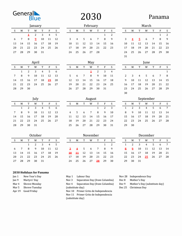 Panama Holidays Calendar for 2030