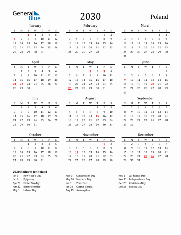 Poland Holidays Calendar for 2030