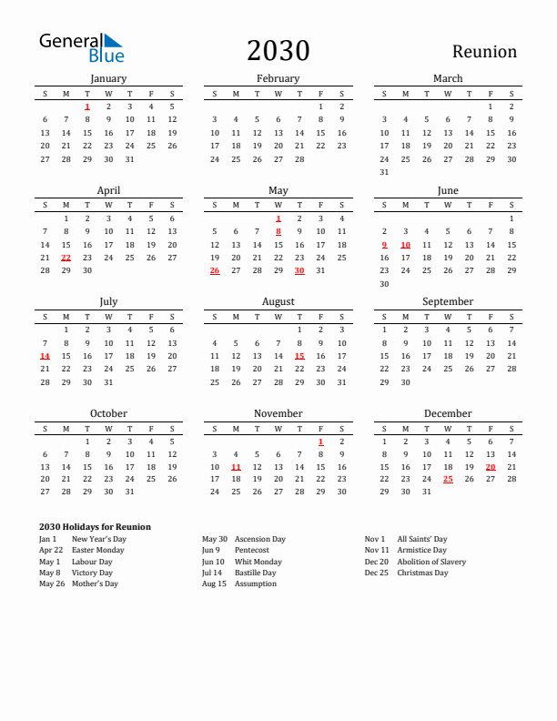 Reunion Holidays Calendar for 2030