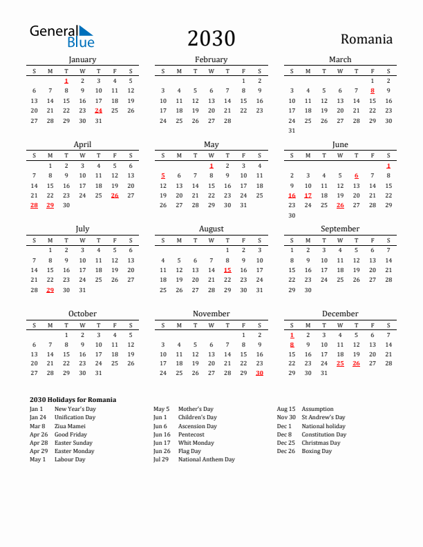 Romania Holidays Calendar for 2030
