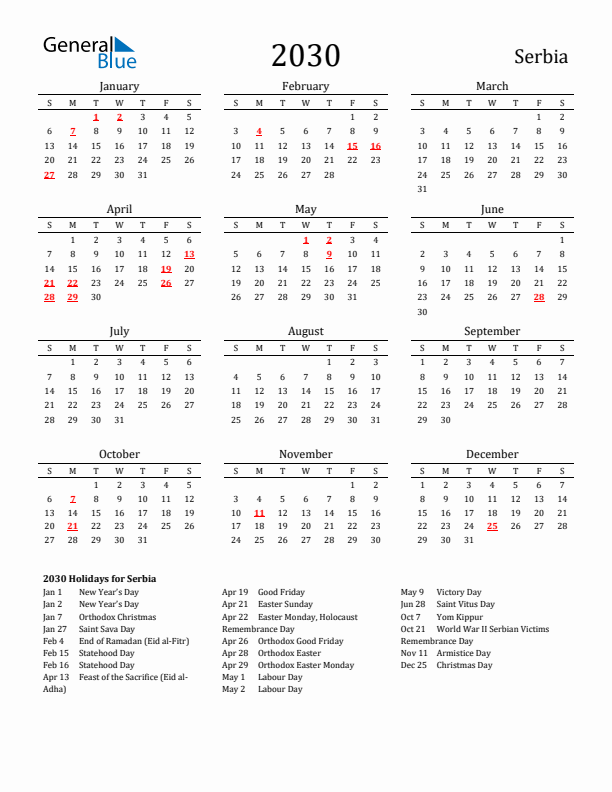 Serbia Holidays Calendar for 2030