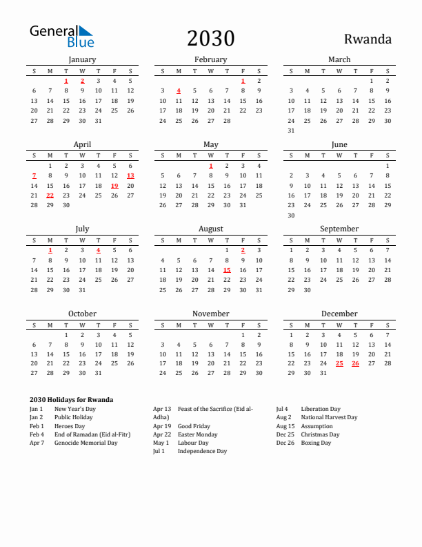 Rwanda Holidays Calendar for 2030