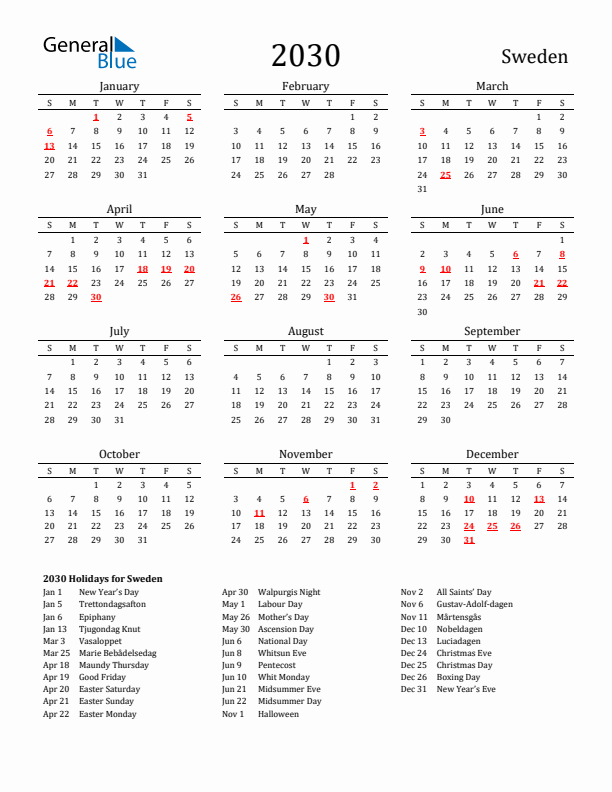 Sweden Holidays Calendar for 2030