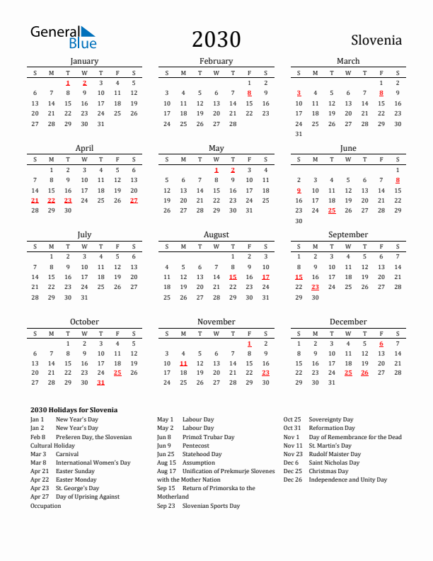 Slovenia Holidays Calendar for 2030