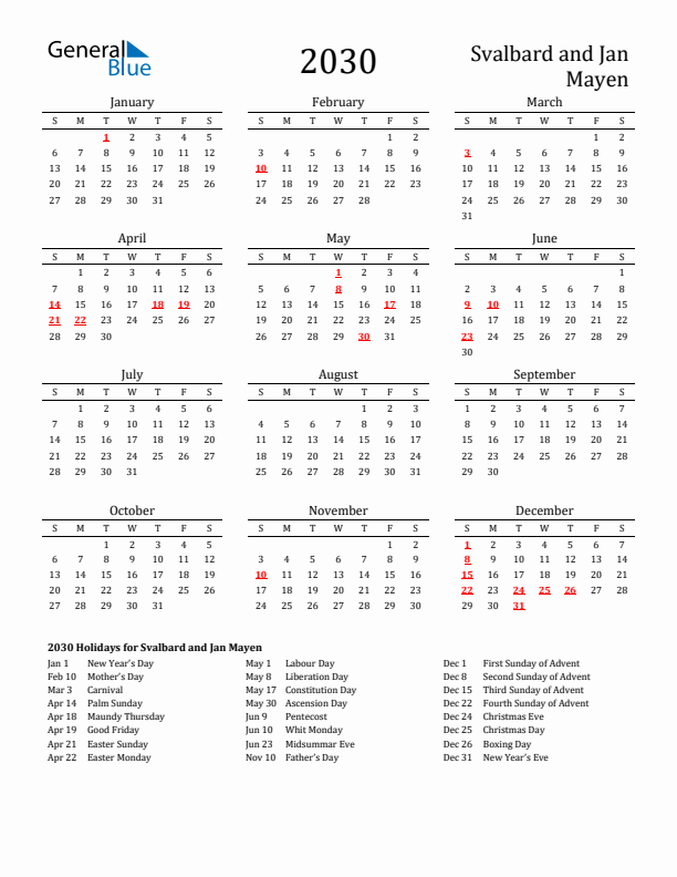 Svalbard and Jan Mayen Holidays Calendar for 2030