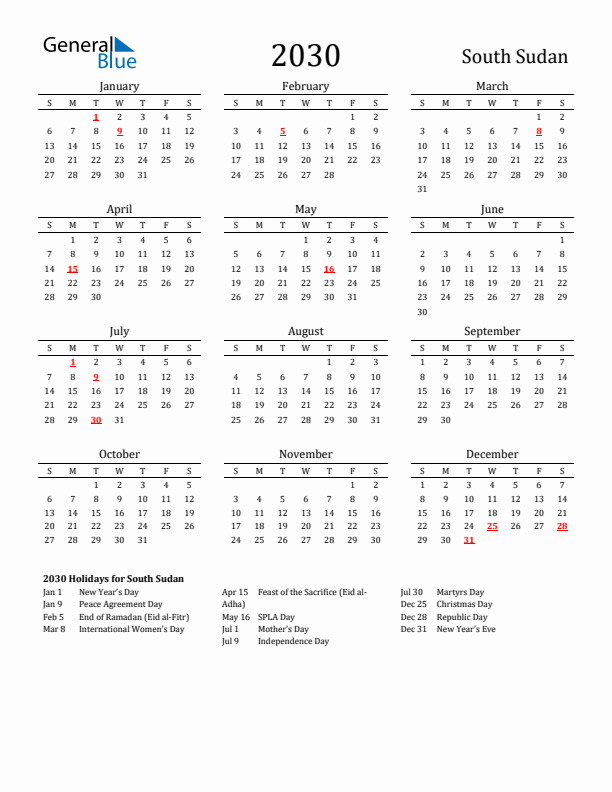 South Sudan Holidays Calendar for 2030