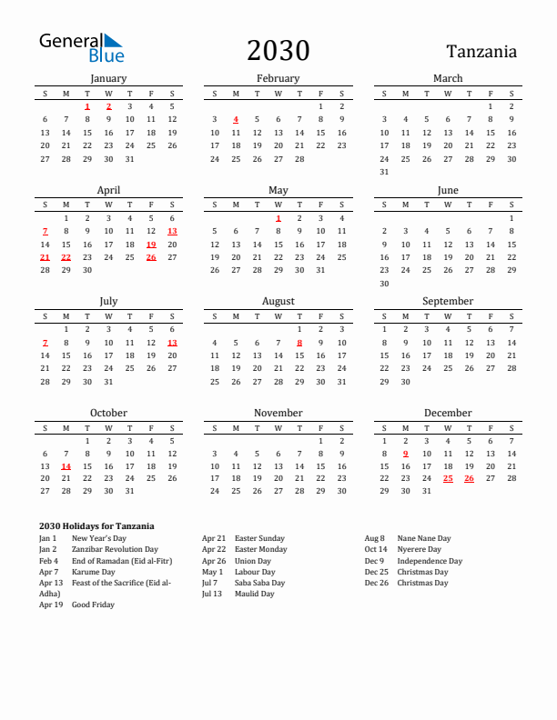 Tanzania Holidays Calendar for 2030