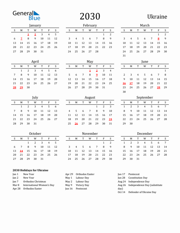 Ukraine Holidays Calendar for 2030