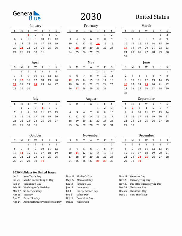 United States Holidays Calendar for 2030