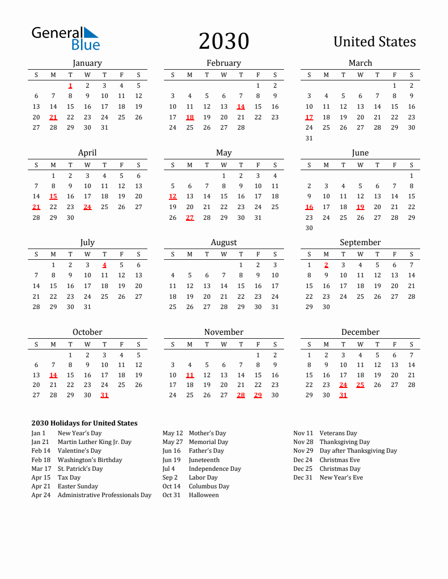 Free United States Holidays Calendar for Year 2030