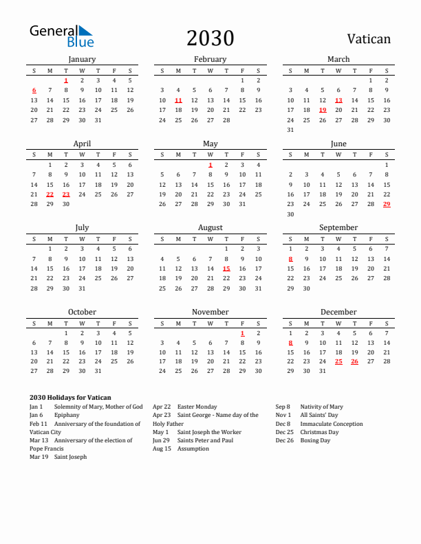 Vatican Holidays Calendar for 2030