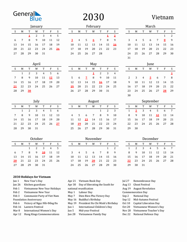 Vietnam Holidays Calendar for 2030
