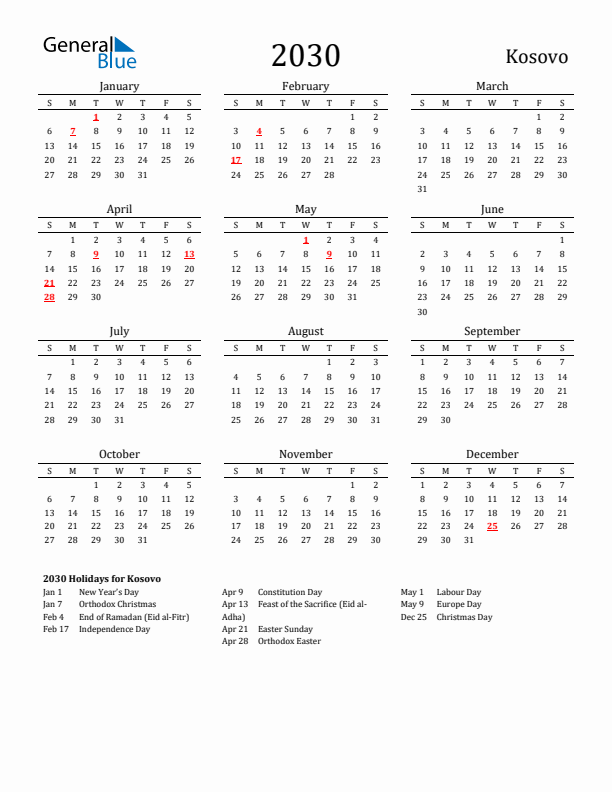 Kosovo Holidays Calendar for 2030