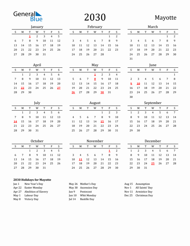 Mayotte Holidays Calendar for 2030