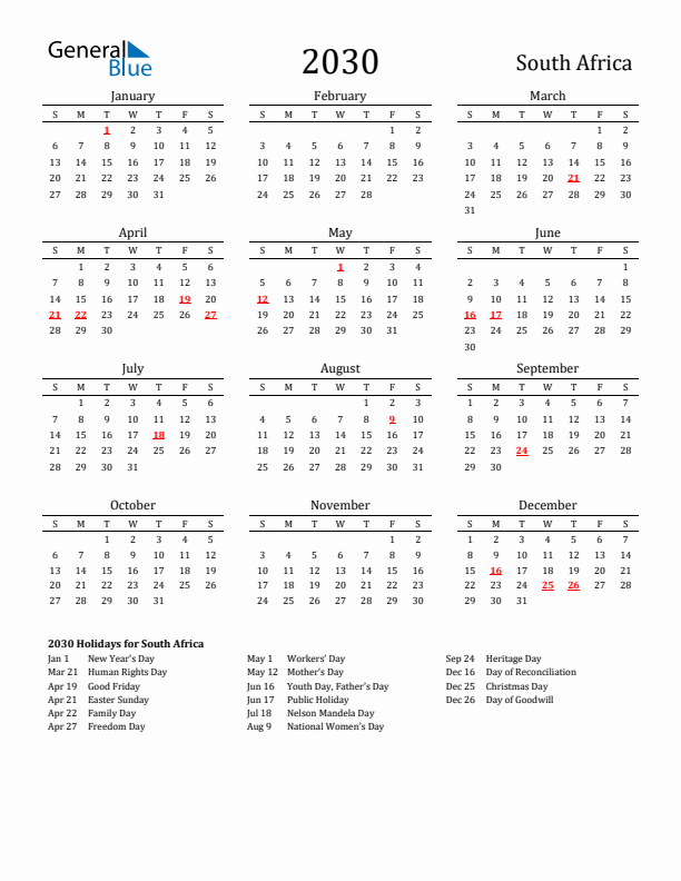 South Africa Holidays Calendar for 2030