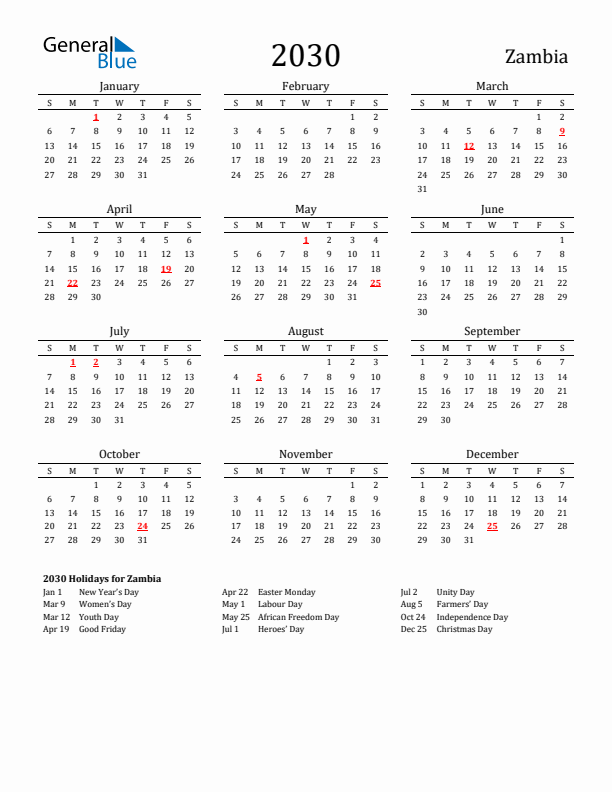 Zambia Holidays Calendar for 2030