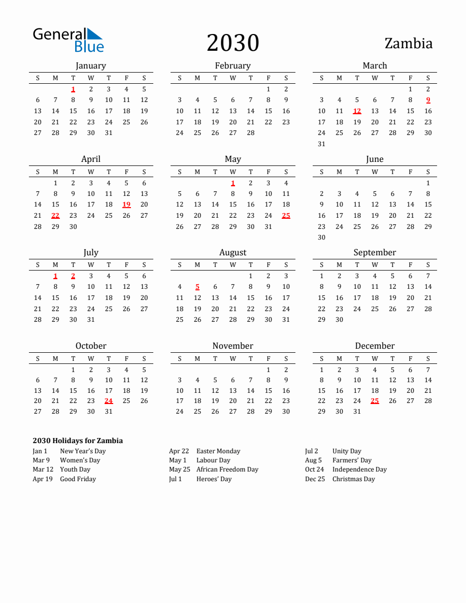 2025 Zambian Calendar With Holidays 