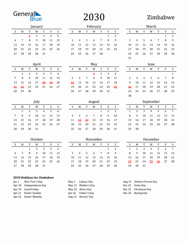 Zimbabwe Holidays Calendar for 2030