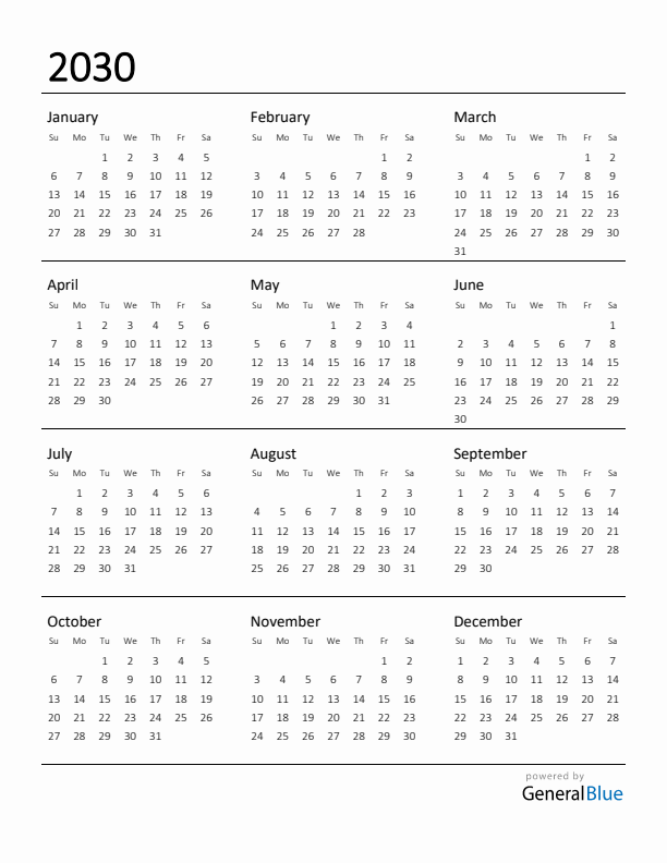 Free 2030 Calendars in PDF, Word, Excel