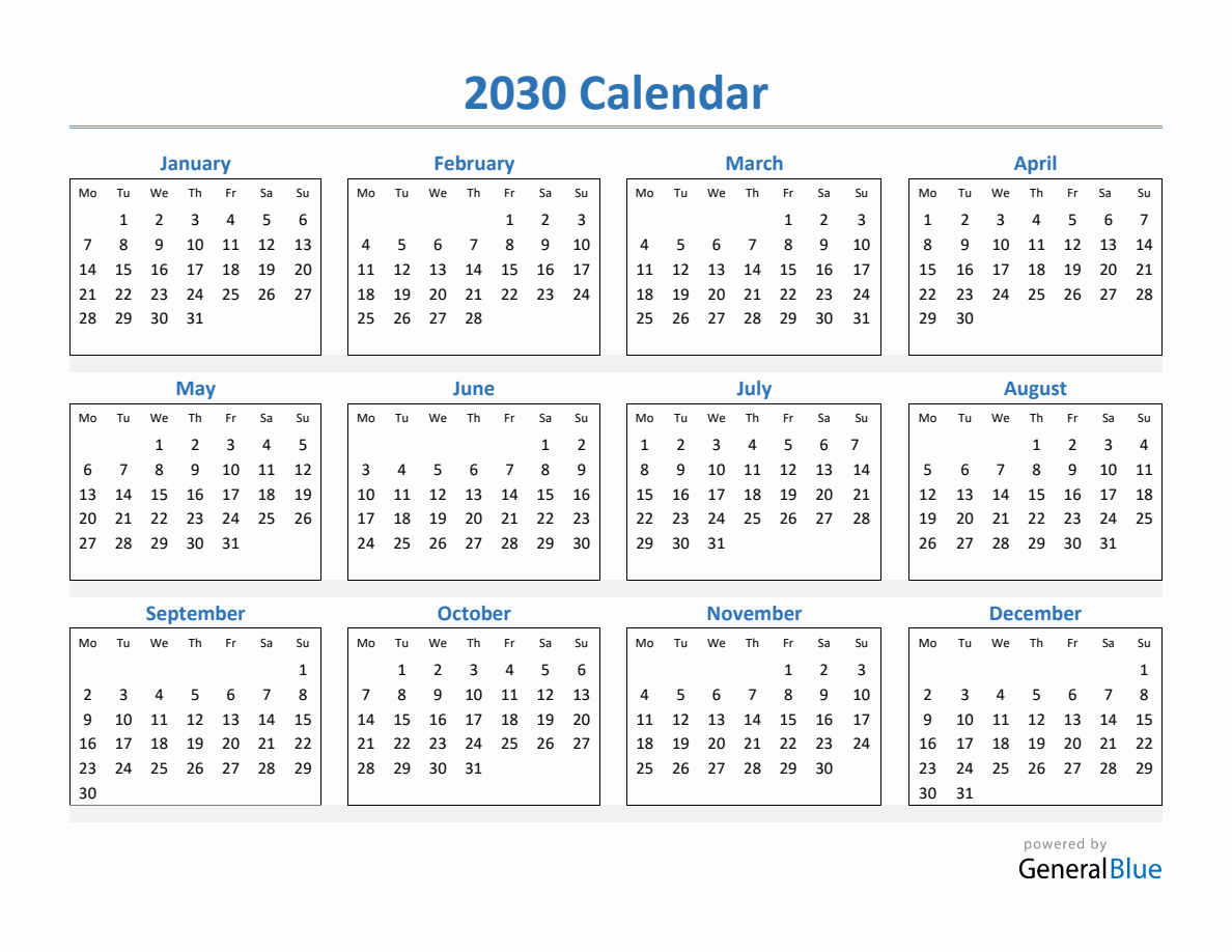 2030 Simple Yearly Calendar (PDF Excel Word)