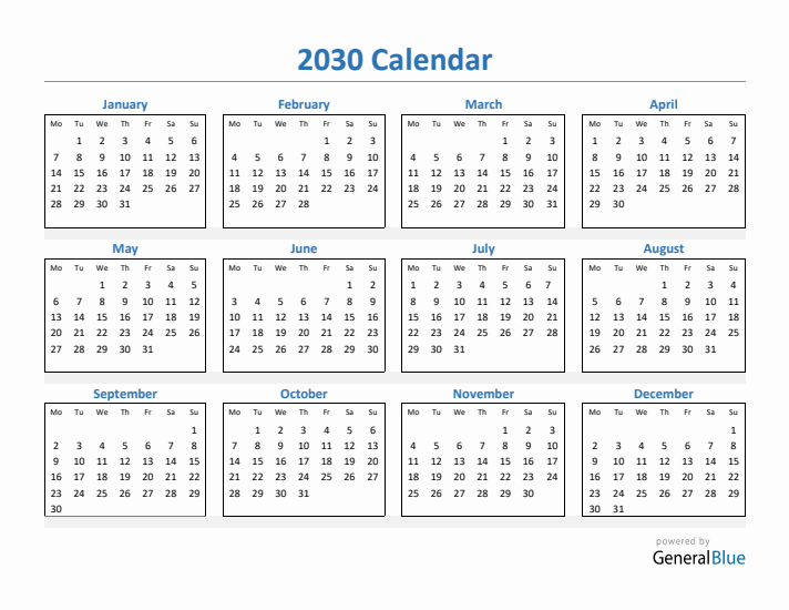 2030 Simple Yearly Calendar (PDF Excel Word)