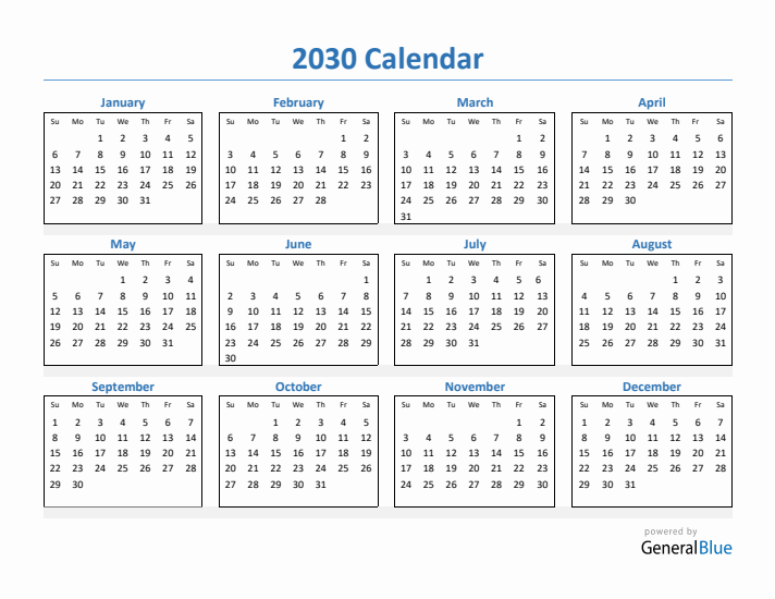 2030 Simple Yearly Calendar (PDF Excel Word)