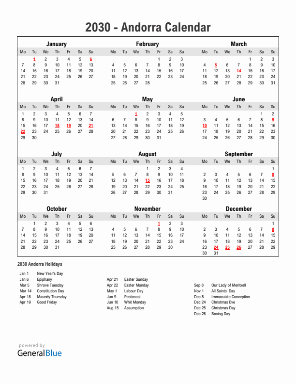 Year 2030 Simple Calendar With Holidays in Andorra