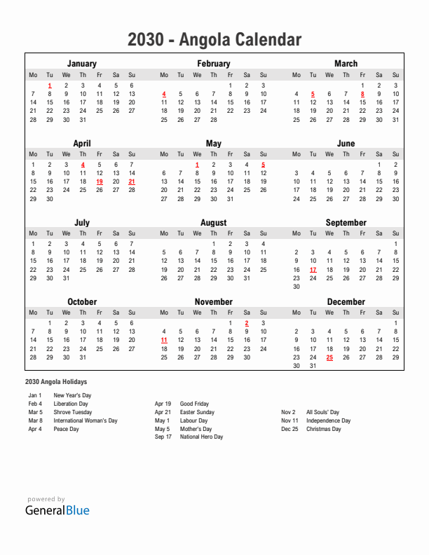 Year 2030 Simple Calendar With Holidays in Angola