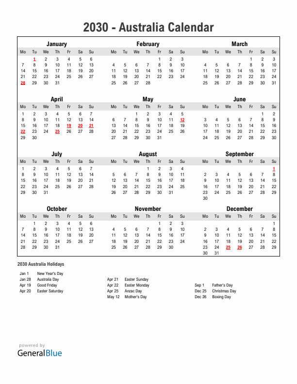 Year 2030 Simple Calendar With Holidays in Australia
