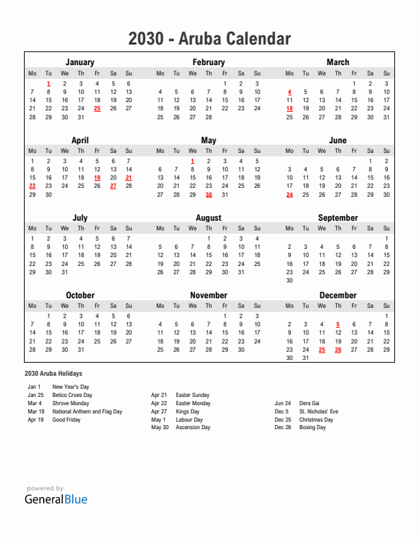Year 2030 Simple Calendar With Holidays in Aruba