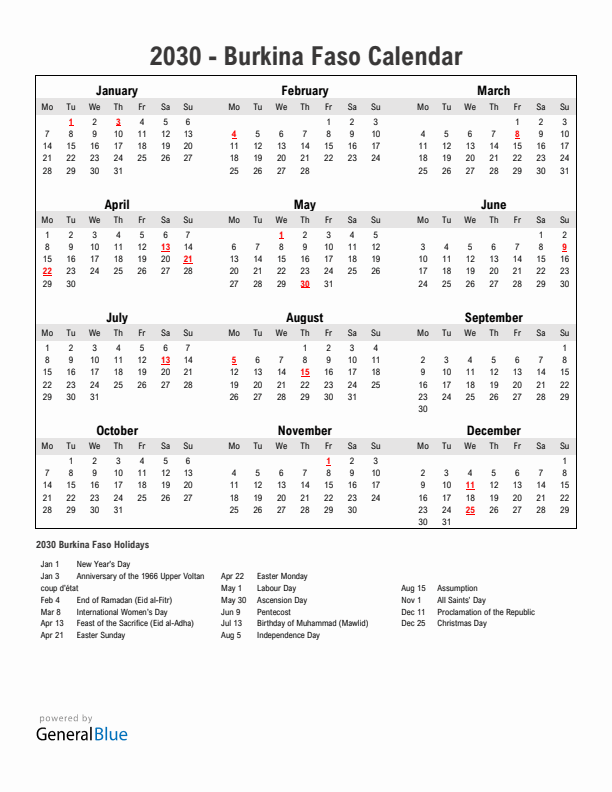 Year 2030 Simple Calendar With Holidays in Burkina Faso