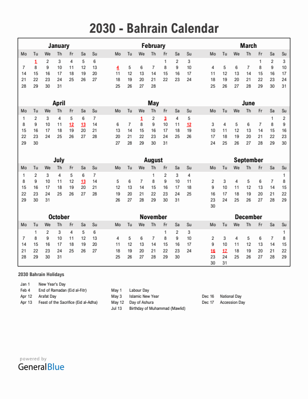 Year 2030 Simple Calendar With Holidays in Bahrain