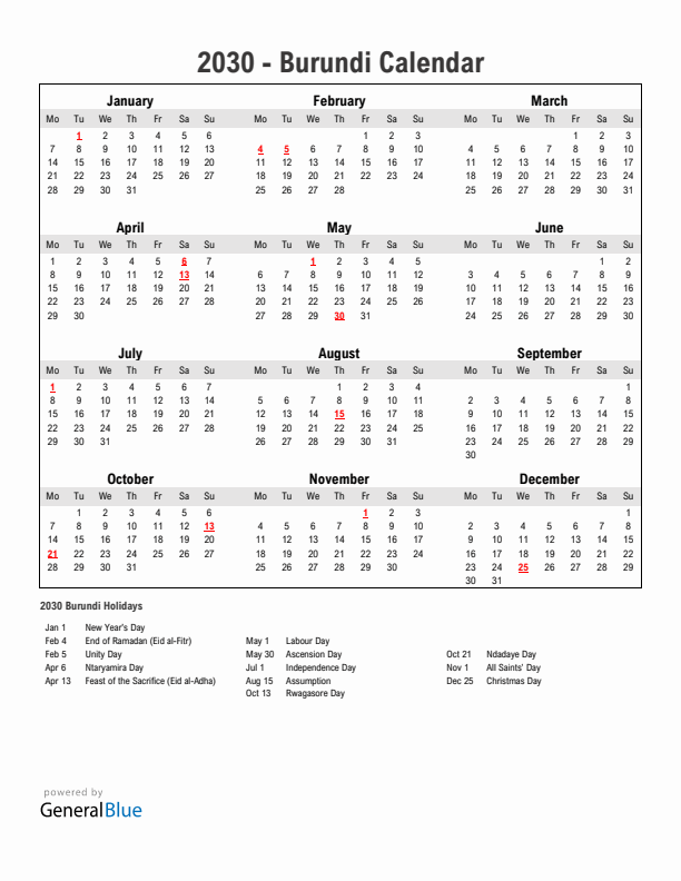 Year 2030 Simple Calendar With Holidays in Burundi