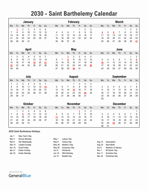 Year 2030 Simple Calendar With Holidays in Saint Barthelemy