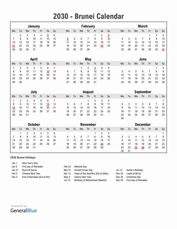 Year 2030 Simple Calendar With Holidays in Brunei
